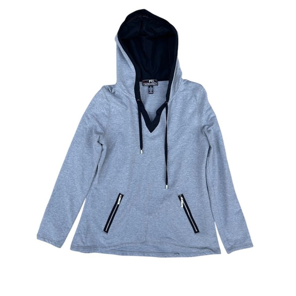 Lauren Active Ralph Lauren Womens Gray V-Neck Hoodie Sweatshirt Zipper Pockets M